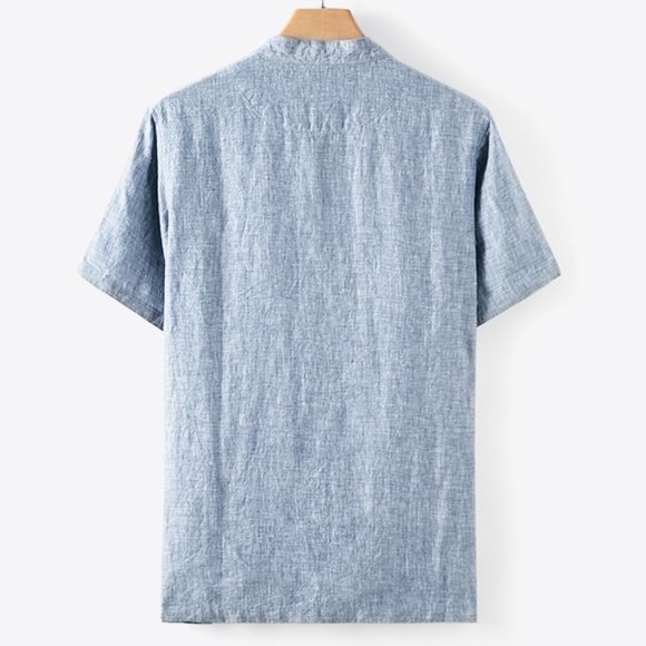 Buttoned Round Neck Short Sleeve Linen Tee - Picture 2 of 10